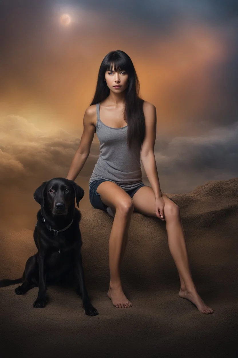 an extremely muscular 18-year-old Leonarda Spockinski Nimoy with long, straight black hair, the bangs cut straight across the forehead, Krypto the Superdog - gradated Background, professional quality studio 8x10 UHD Digital photograph by Scott Kendall - multicolored spotlight, Photorealistic, realistic stock photo, Professional quality Photograph. colored Fog - Multicolored lightning, 3D heart