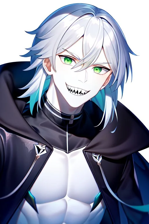 plauge doctor in balck leather clothes with silver hair, pale skin and bright green eyes smiling with sharp teeth, nice young face, male, viscious smile