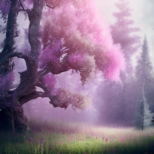 silver bark tree, pink and purple leaves, Model, glitter, fog, willow, forest, beautiful, magic