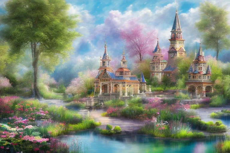 castello trasparente con bordi dorati e fiori rosa con laghetto davanti con profondita'