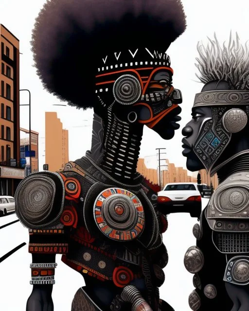 two arafed persons arguing in middle of street, yikes art, afrofuturism, arafed angularity, art cracking the road, angular aztec vibe, whimsical arafed nonsense, patchwork vibe, (((side view))) two arafed cyberlords fighting each other in a rainy whimsical downtown street with extreme body action and with (((exaggerated body parts))), (((oversize head))), sharp color contrasts, amazing shadows, (((exaggerated limbs and head))), minimal cozy, warm palette, bright bold warm summer colors