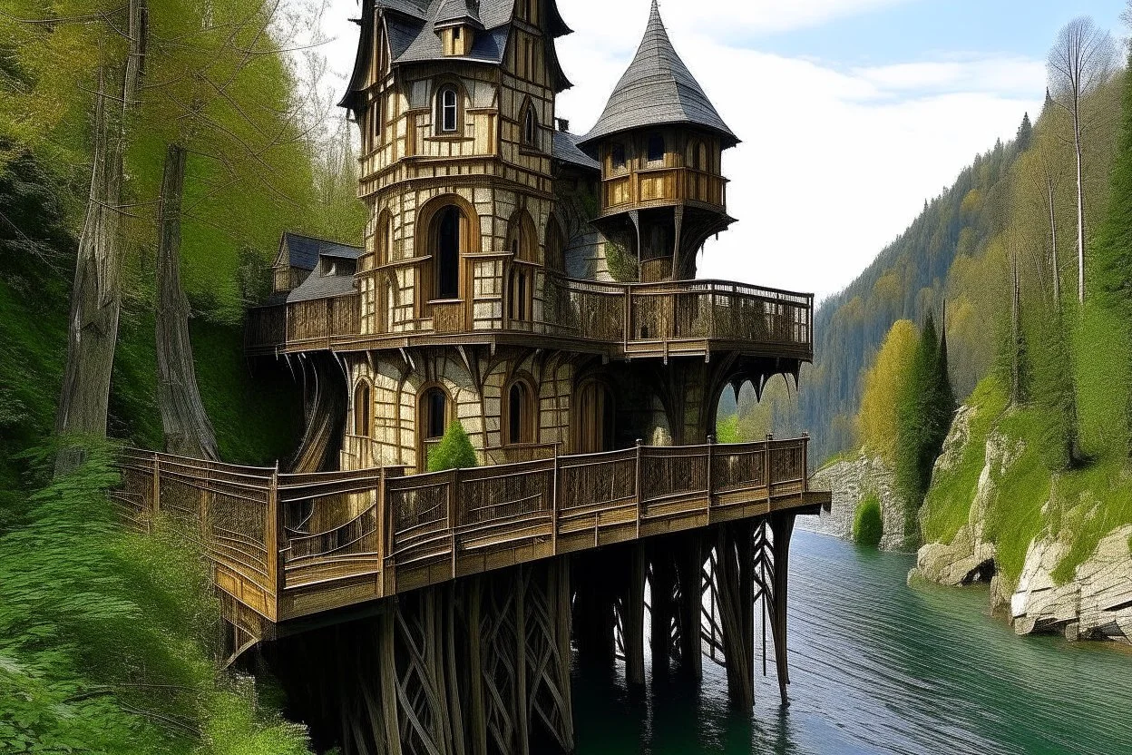 small wooden medieval gothic twisted house built into a cliff, trees, balconies, walkways, bridge, sunshine, lake