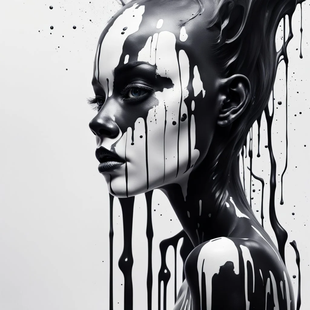 An inky humanoid creature with black and white skin, spilling black and white paint all over the place, dreamy, surreal