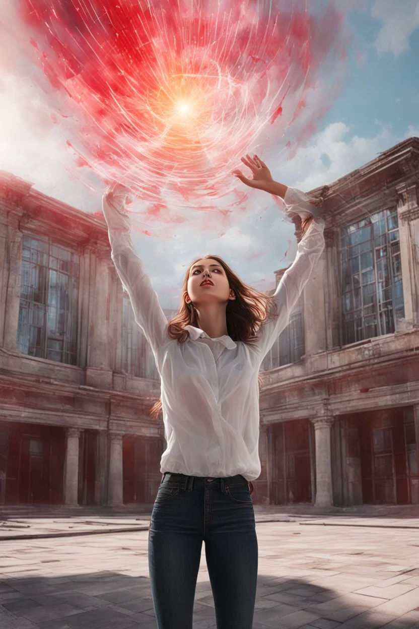 Photorealistic young woman standing, with arms raised, in front of a building at midday, with red auras around her