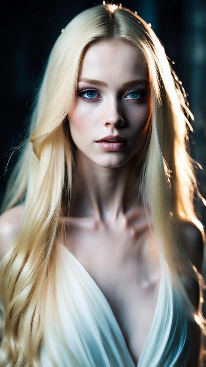 portrait of an 18 year old pretty female with pale skin. Her long blonde hair hangs loose on her shoulders. Shes wearing a simple white dress. Her eyes are different colours. Dark fantasy. Hyperrealistic