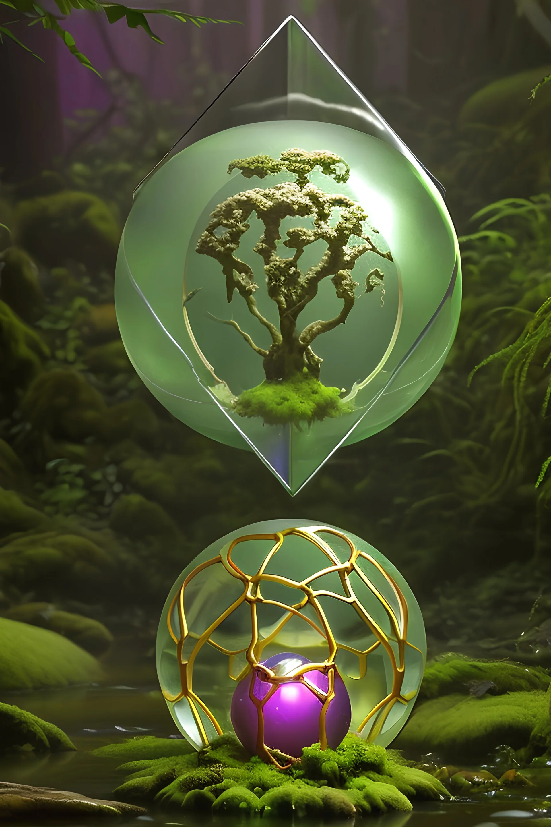 floating suspended translucent glowing orb above pedestal, misty, inside overgrown moss vines labrotory, sacred geometry object inside translucent floating orb, aura foggy mist, tesseract, purple, green, gold