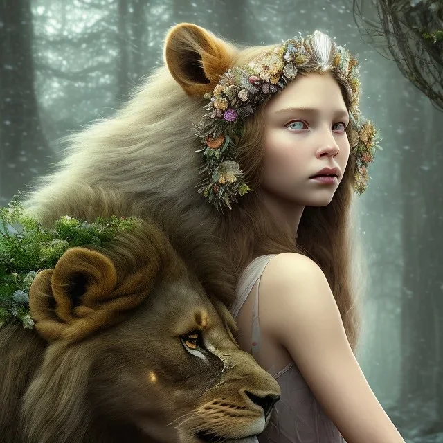 Young beautiful girl wearing floral crown and standing next to a stunning lion on nature forest path, Chronicles of Narnia, 8k resolution, high-quality, fine-detail, iridescent, intricate, digital art, detailed matte, volumetric lighting, beautiful, illustration, 3D octane render, Chronicles of Narnia, brian froud, howard lyon, selina french, anna dittmann, annie stokes, lisa parker, greg rutowski,