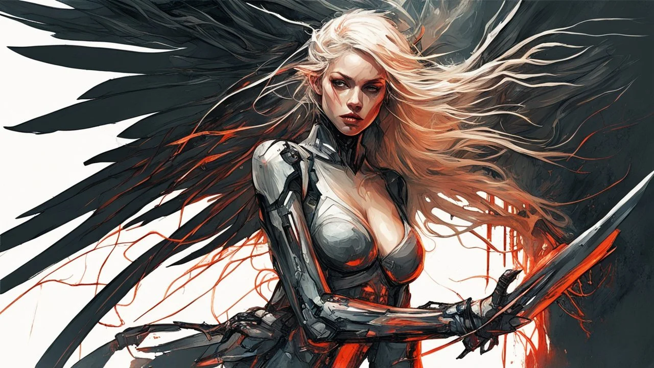 biomechanical women, beautiful, cyberpunk, dusty blonde, short square, large biomechanical black wings, sword, cybernetic, dynamic pose, rain, wind, ashes, flashes of fiery threads, sketch art, fine lines, grunge, sensual, darkness, dark colors, by Raymond Swanland & Alyssa Monks & Anna Razumovskaya