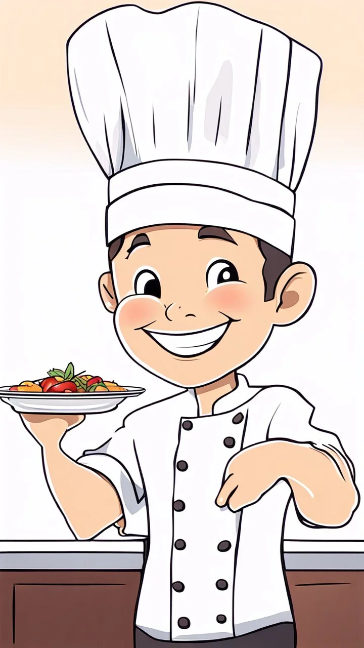 A design of a chef holding a dish in his hand in a professional manner, without the background, He smiles and closes one of his eyes, cute cartoon ,Only his upper body is shown