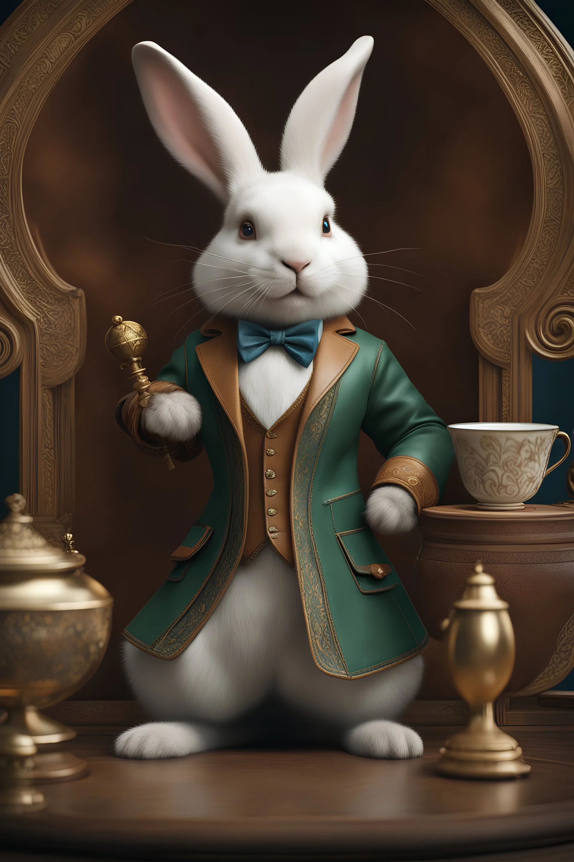 High-end state-of-the-art flawless smiling cute fluffy heroic white rabbit, supreme cinematic-quality photography, blue green and honey brown pure leather clothes, Art Nouveau-visuals,Vintage style with Octane Render 3D technology,hyperrealism photography, (UHD) with high-quality cinematic character render,Insanely detailed close-ups capturing beautiful complexity,Hyperdetailed,Intricate,8K,Hyperrealism craftwork