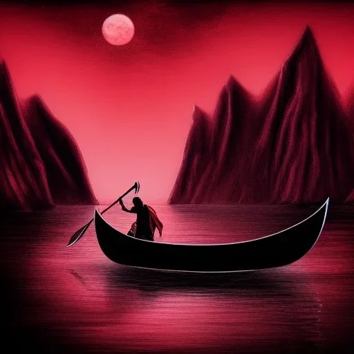 Charon in his boat on the river Styx, red black purple colours, 8k, high definition, fantasy art, winding river, sharp jagged rocks, high contrast colours, sharp colours