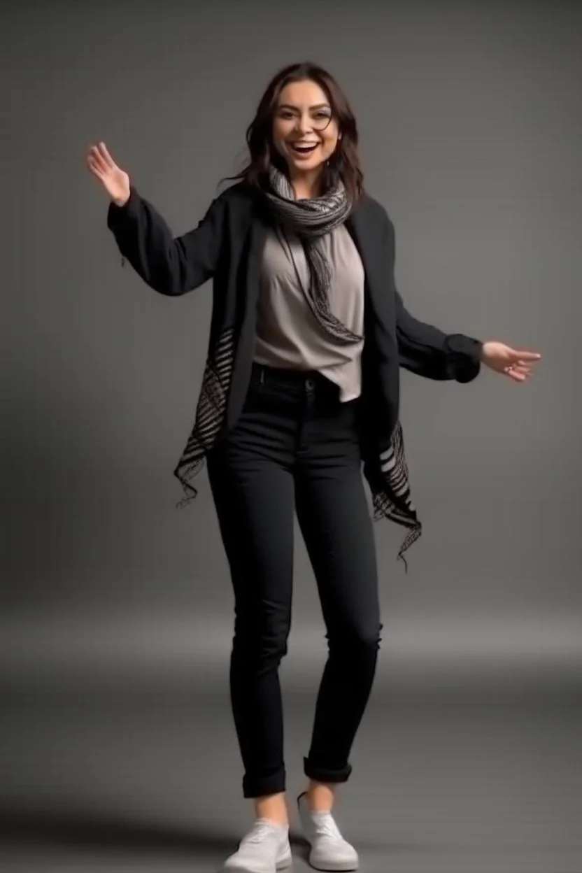 full body of very beautiful girl pants and jacket , curvy hair with lace scarf ,standing idle happy pose in studio pretty makeup,perfect face