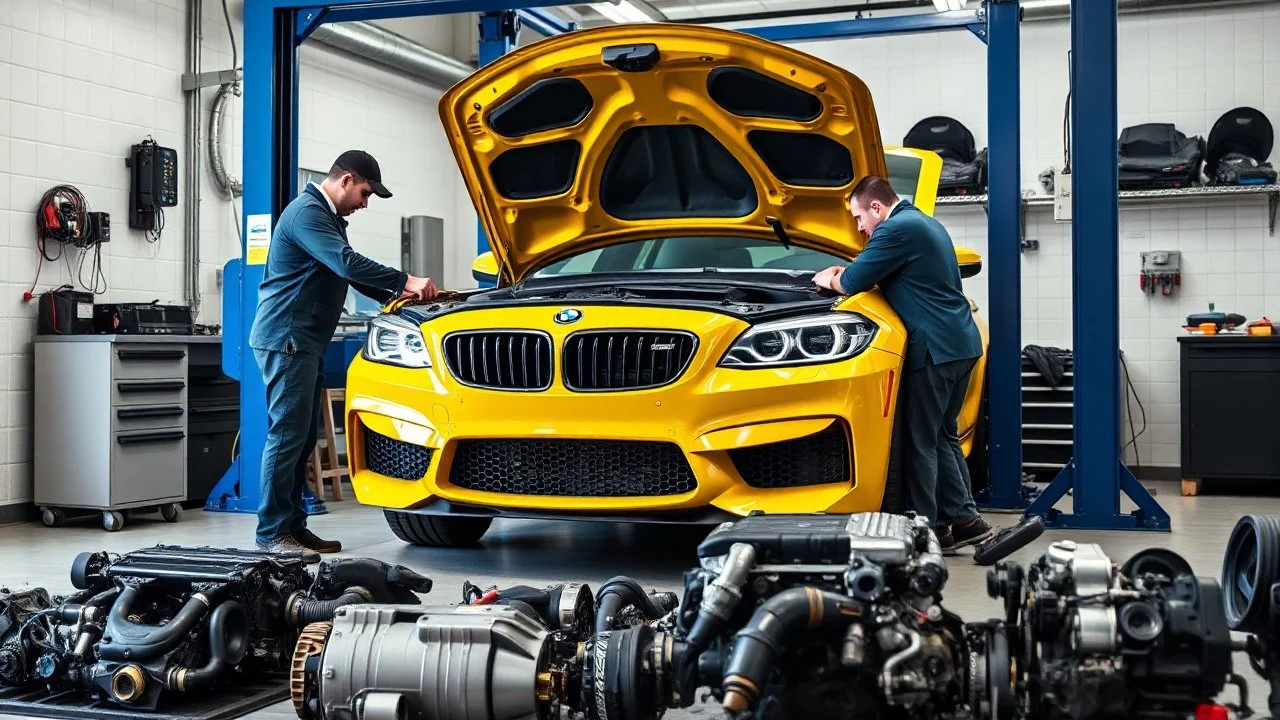 A car repair shop where two people in work clothes are repairing a yellow BMW M6 series with an eye-catching theme in a sophisticated and special repair shop where a collection of car engine parts is arranged on the floor at the bottom of the image.