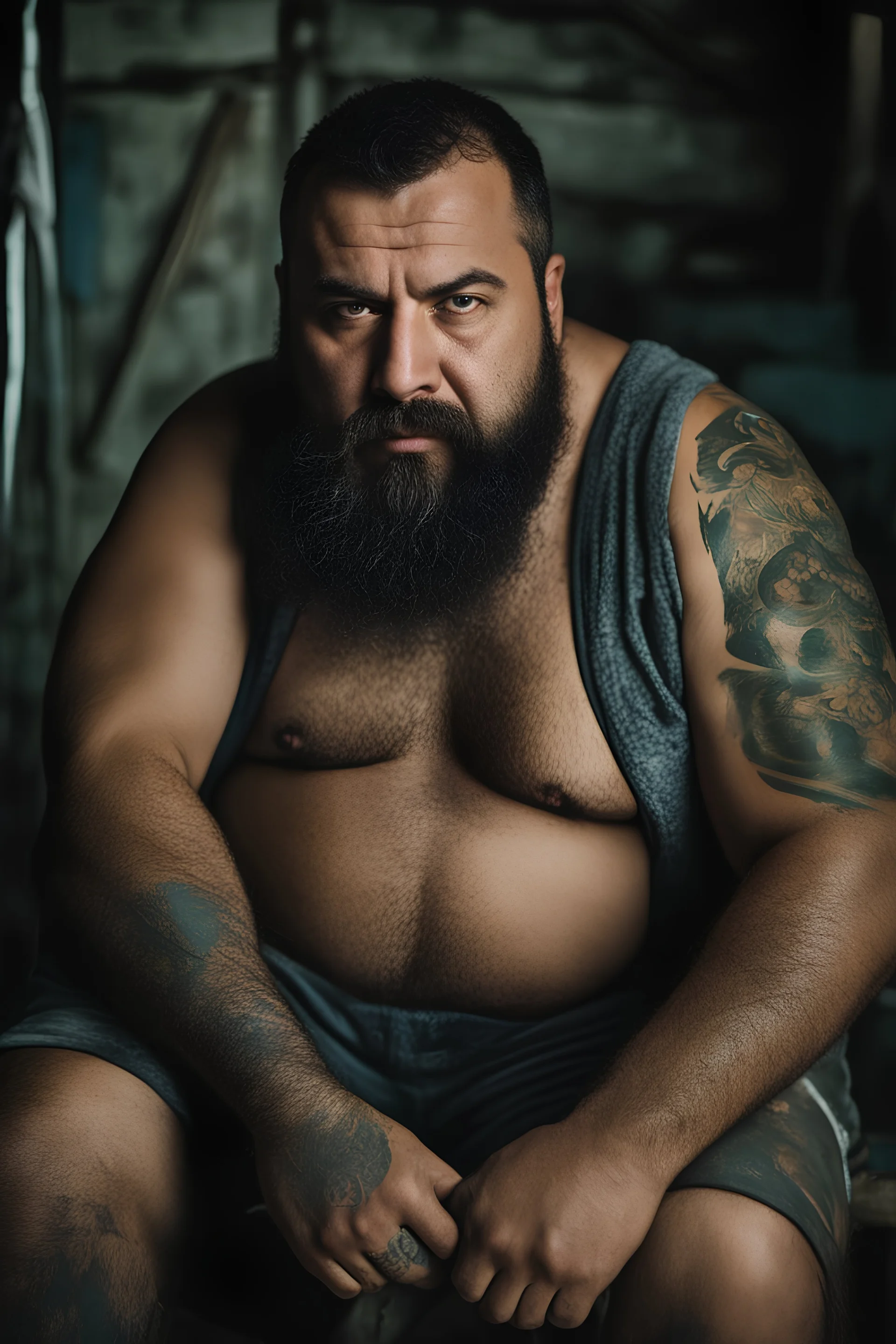 close up shot photography of a 39-year-old turkish chubby heavyset tattoo very hairy sweaty worker sitting spread-legged in an old armchair inside a construction site shed, big shoulders, dressed in bulging shorts, shirtless, stubble, big manly legs, hairy chest, serious eyes, midnight, dim neon lights illuminating and shine on the beards of sweat that fill his large chest, photorealistic , ambient occlusion