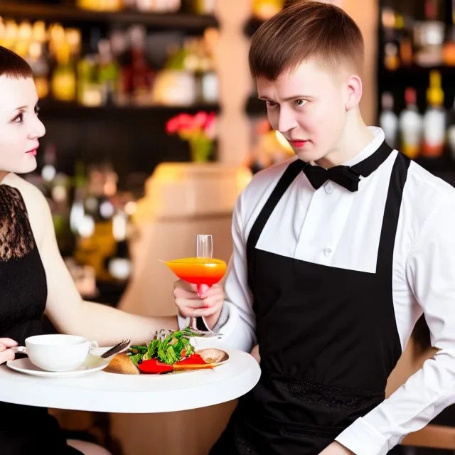 Russian guy young wife boyish boylike short man's haircut men's face boyish features in black girlish lacy cocktail dress as mother in restaurant