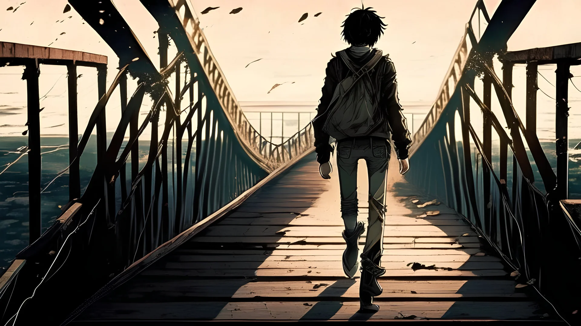 eren yeager walking alone on a bridge