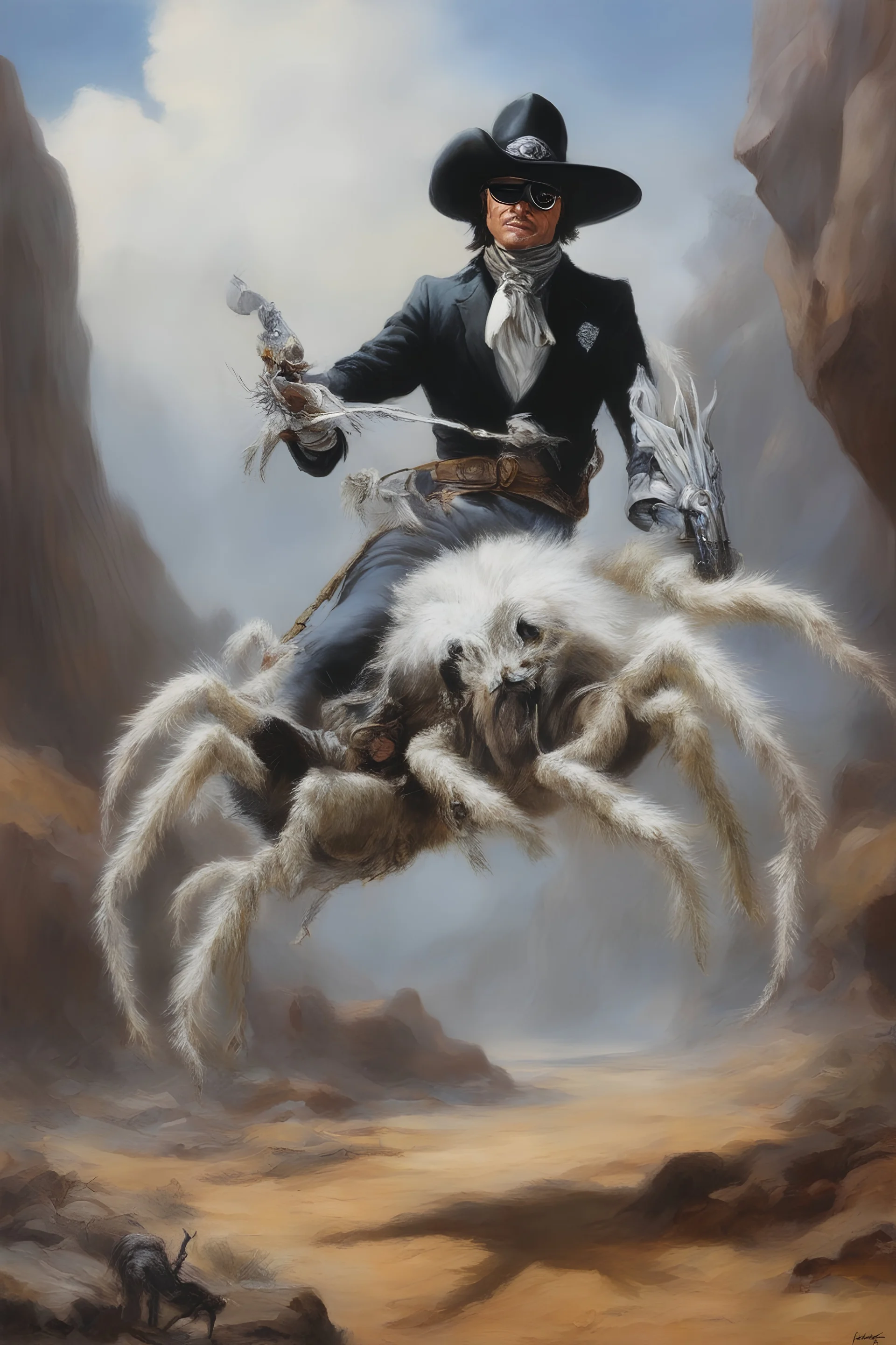 an extremely graphic depiction of the Lone Ranger riding his white tarantula spider, "Hi Ho, Silver, Away!", oil painting by Boris Vallejo