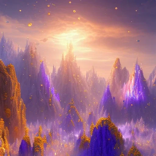 blue gold and violet landscape with multicolored crystals falling from the sky, full of details, smooth, bright sunshine，soft light atmosphere, light effect，colorful, concept art, smooth, extremely sharp detail, finely tuned detail, ultra high definition, 8 k, unreal engine 5, ultra sharp focus