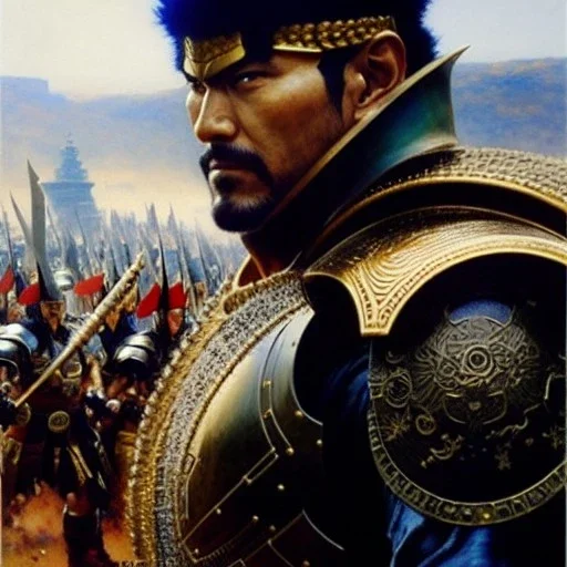 portrait 'Fist of the north star',ancient metal armor ,painting by gaston bussiere, greg rutkowski, yoji shinkawa, yoshitaka amano, tsutomu nihei, donato giancola, tim hildebrandt, oil on canvas, cinematic composition, extreme detail,fit full head inside picture,16k