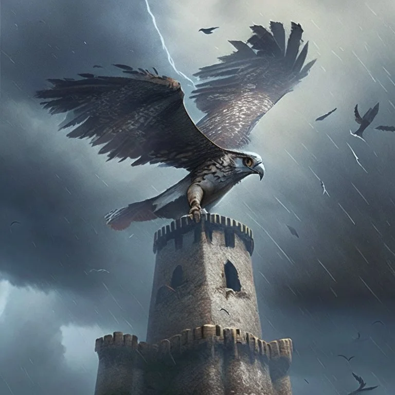 Flying around the ancient tower, I am a falcon in a storm