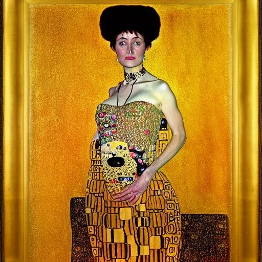 Retrato de cuerpo entero de una mujer bella vestida con el estilo de Gustav Klimt