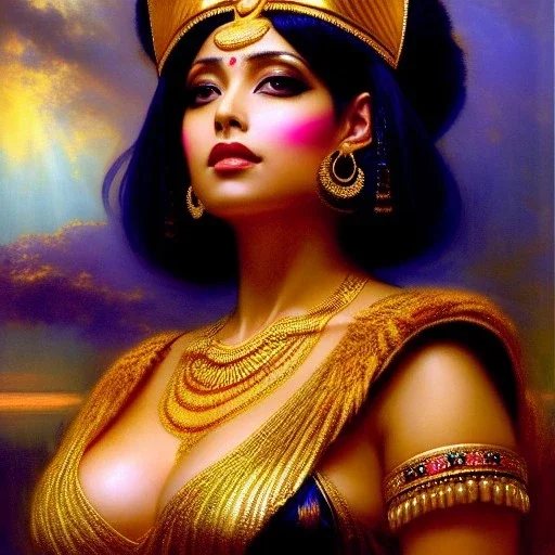 Drawing of beautiful face extra busty cleopatra,pet tiger,hieroglyphics,throne,maid servant, balanciaga fashion clothe painting by gaston bussiere, greg rutkowski, yoji shinkawa, yoshitaka amano, tsutomu nihei, donato giancola, tim hildebrandt, oil on canvas, cinematic composition, extreme detail,fit full head inside picture,16k