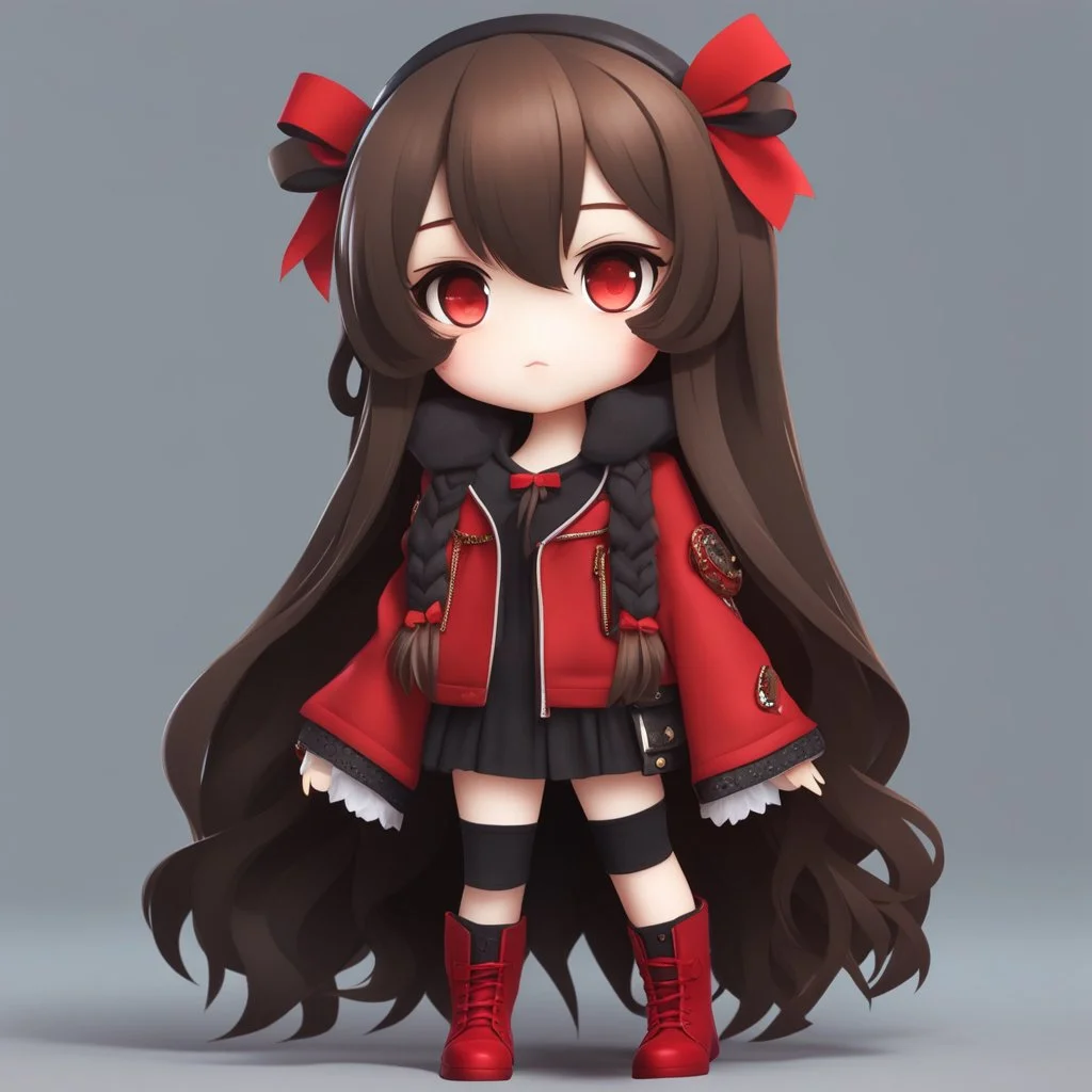 full body chibi woman with long brown hair, red eyes, bad girl vibe, modern clothes, New Years theme, intricately detailed, masterpiece, anime chibi doll, 4k