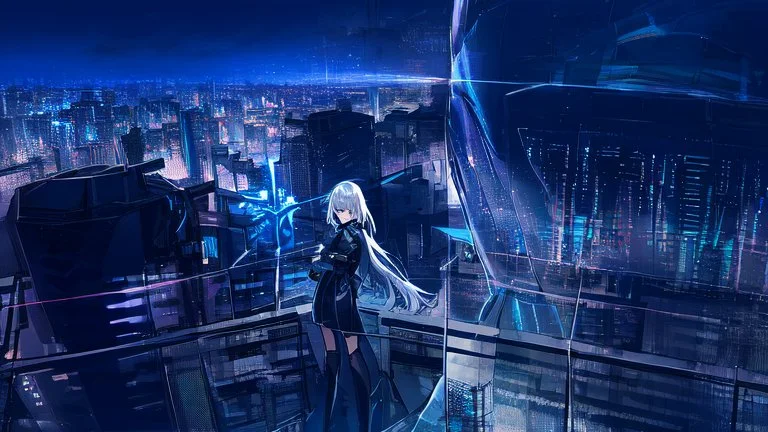 Clear Focus, High resolution, Beautiful girl standing backwards to a Cyberpunk skyline, comic style