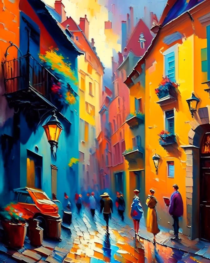 A vibrant, impressionist painting of a quaint, cobblestone street lined with colorful buildings, bustling with people and life, using loose brushstrokes and a lively color palette to convey the energy and charm of the scene.