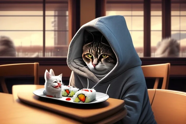 Ac cat wearing a hoodie is sitting on a table eating sushi