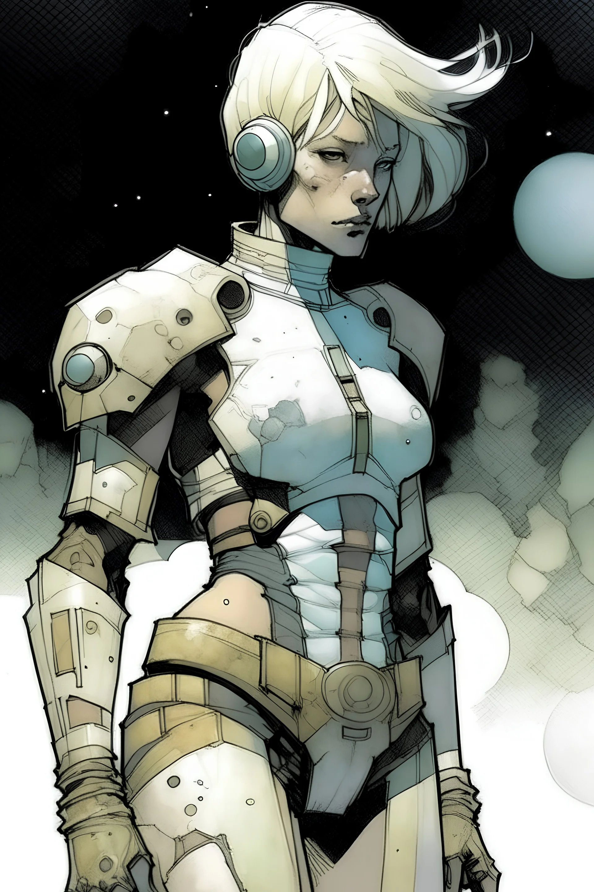 pale female with short blonde hair, wearing metal armor, whole body. A soft-focus image of the silver moonrise casting a cool glow, create in inkwash and watercolor, in the comic book art style of Mike Mignola, Bill Sienkiewicz and Jean Giraud Moebius, highly detailed, gritty textures,