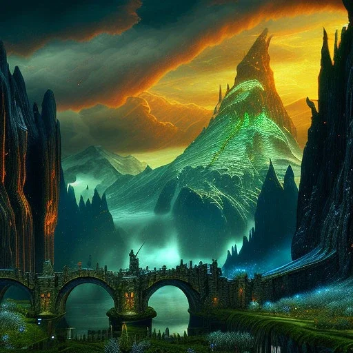 Epic Drawing of mordor scenery with a dragon of The Hobbit estilo Van Gogh 4k