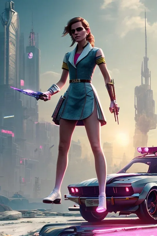 Emma Watson, full-length, in white stockings, cyberpunk 2077, photorealistic illustration, 4k