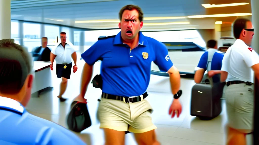 very focused image of upset man wearing shorts and polo shirt told to leave airport lounge by officer