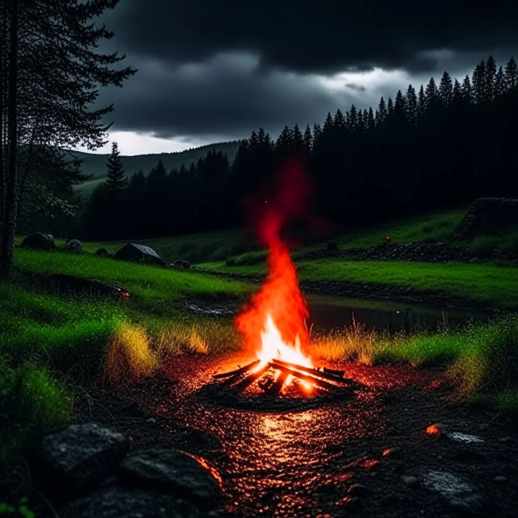 Dark rainy night with campfire and nature in Scandinavia