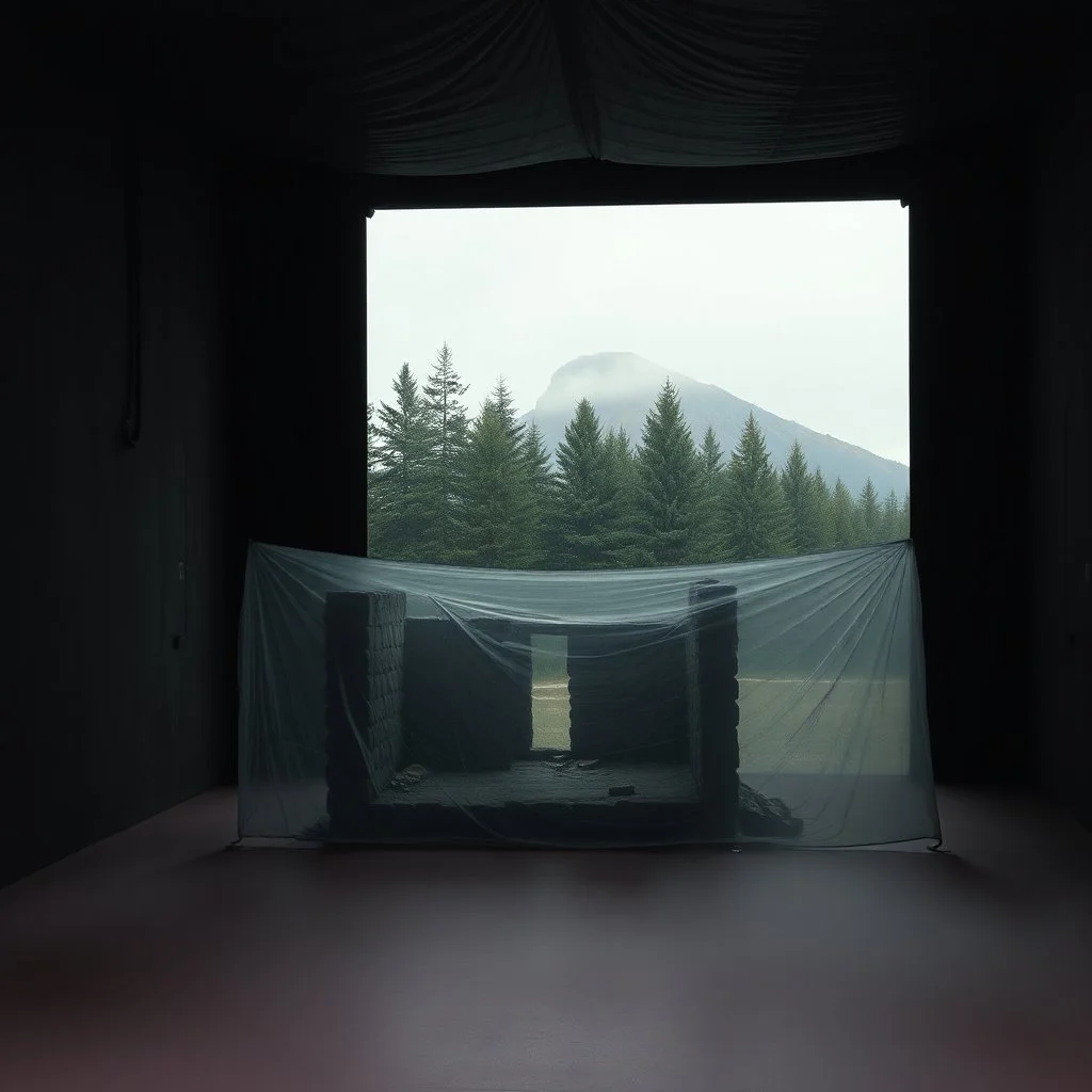 A Hasselblad H6D-400c photo of a dark odd room with structures. A transparent tarpaulin covers an image resembling a ruined building. There is a group of fir trees in the background and a high hill in the distance. The surface below is in a pastel color. Fog is present.