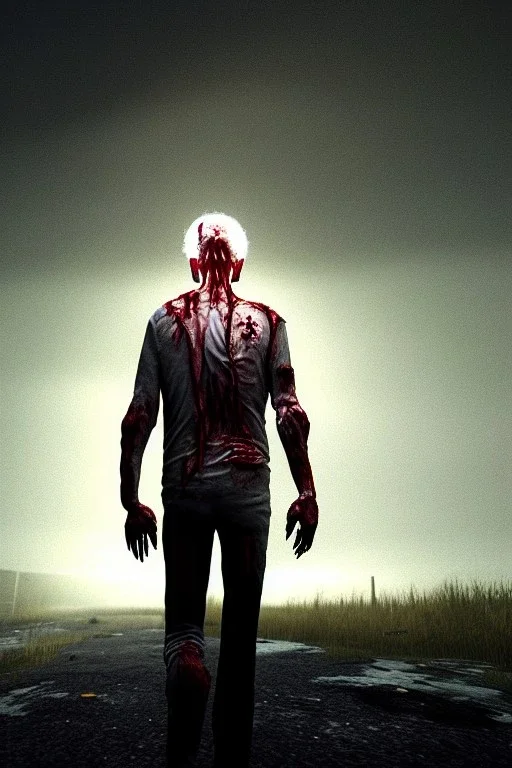 realistic image, joe biden zombie, zombie posing, arm cut and bleeding, amputated leg, night, walking with a limp, waist up view, dark ambient, highly detailed, sky background, concept art, unreal engine 5, god rays, ray tracing, RTX, lumen lighting, ultra detail, volumetric lighting, 3d, finely drawn, high definition, high resolution.