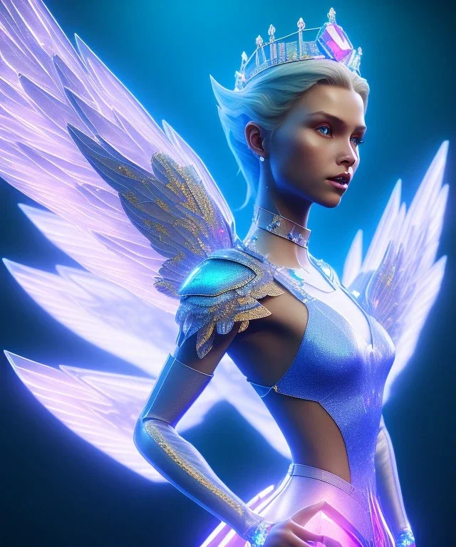 A crystalised queen, atmospheric, realistic, unreal engine, cinematic lighting, octane render. blue, pink, transparency, light, shine,bright, full body, transparent wings, blonde, long hair, nice smile