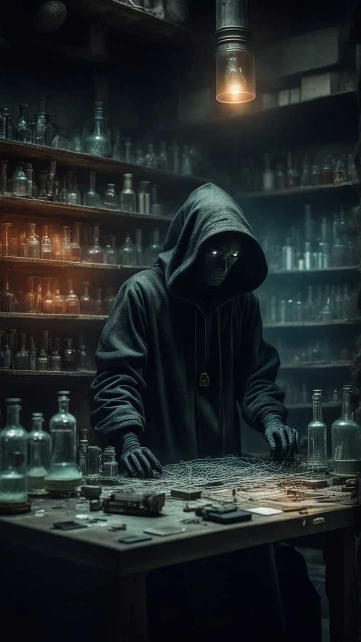 Si-Fi, The permanent under atmospheric lighting effects, a whole tables and shelves filled with old abandoned laboratory with a black hooded man doing laboratory test ,intricate historical moody atmosphere, eerie grimdark ambiance, complex motherboard accents, speculative fiction art. Bokeh