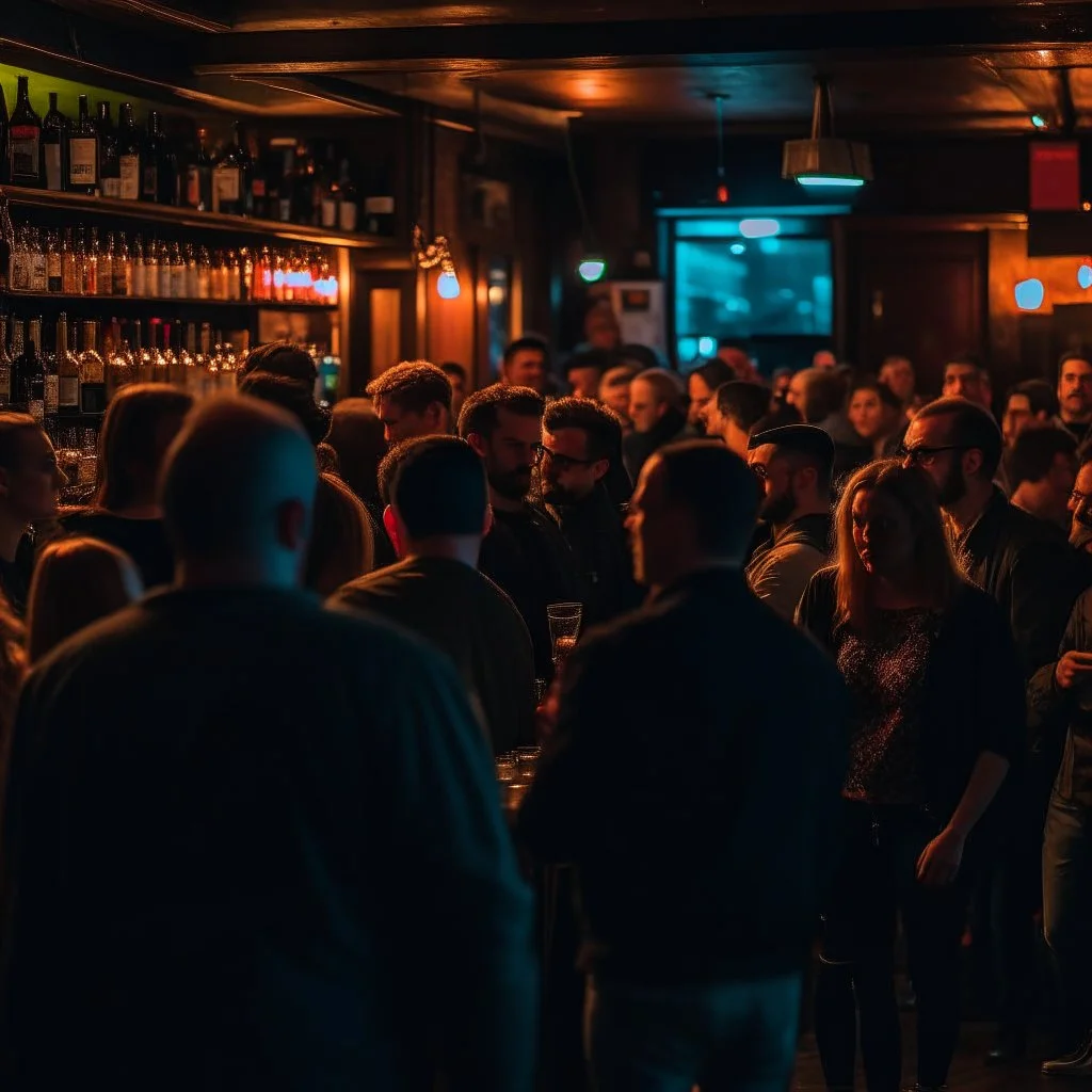 a crowded bar at night, lots of people, focus on a lonely person against the wall