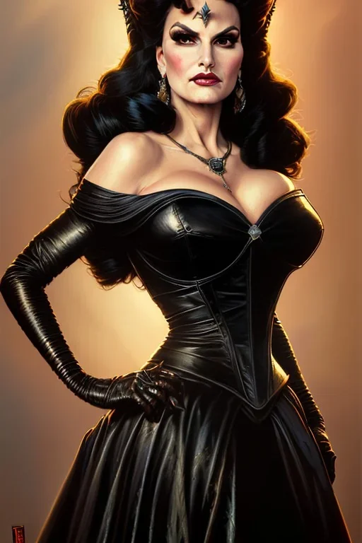 painting of lisa ann as evil queen in black leather gown, feminie, angry, stern look on her face, volouptous, busty, cleavage, emperious, mature, highly detailed, digital painting, artstation, concept art, smooth, sharp focus, illustration, art by gaston bussiere and alphonse mucha