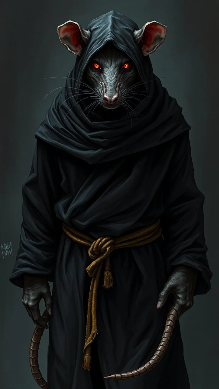 the rat man, ou’re looking at someone who doesn’t just walk into shadows—they belong to them. The black robes cling like a second skin, the belt tied tight with gold thread that catches the light only when he moves. His face is wrapped, but not hidden—his eyes glow like embers, red and steady, as if he’s already seen what waits inside the cave. The tail curls behind him, not in fear, but in readiness. He doesn’t need a torch, because the darkness answers him.
