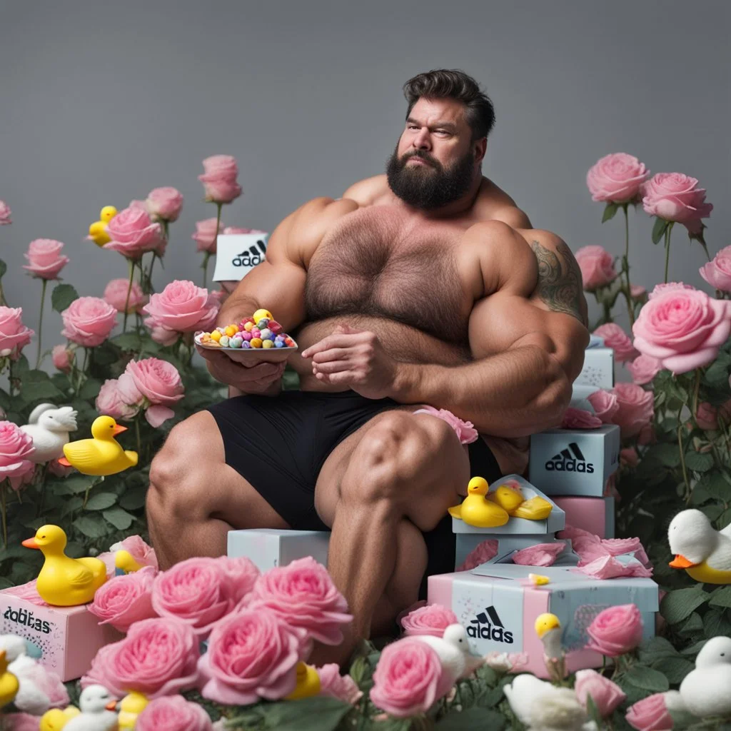 A big, hairy muscular man in a velvet Prada shirt sits in a field of pink roses next to yellow plastic ducks, eating candy, and Adidas boxes next to him.