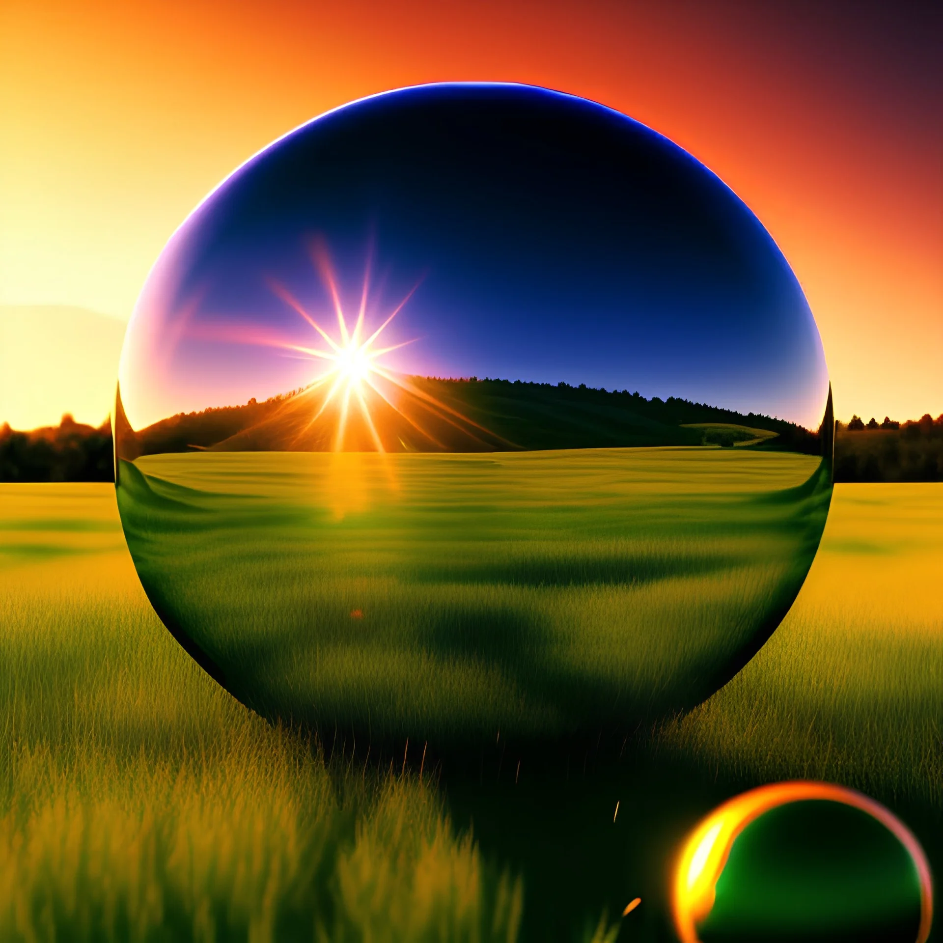 blue transparent sphere on the left, green meadow, sunset, photorealistic, 8k