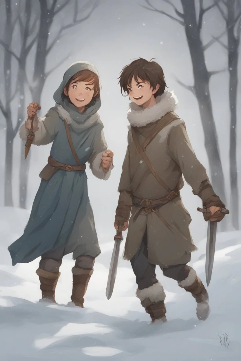 DnD style, two medieval peasant kids playing in the snow, female age 14 and male age 15, happy and playful, he has a short sword.