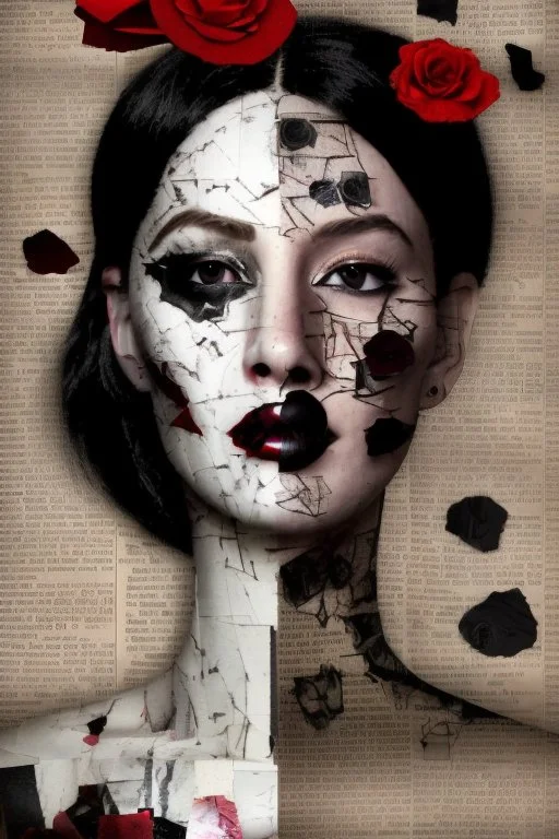 A collage about anxiety experienced by a beautiful woman, focus point of image, distant faces, ghosts, ripped pieces is newspaper clippings, suffocating, black rose petals, broken doll, ying-yang fading,abstract, chaos, epic photo, sharp on highly detailed skin with wrinkles and high contrast, photorealistic, 4K, 3D, realism, hyperrealism, detail, good lighting, detailed texture, modern photography style, 3D, 4D, 4K