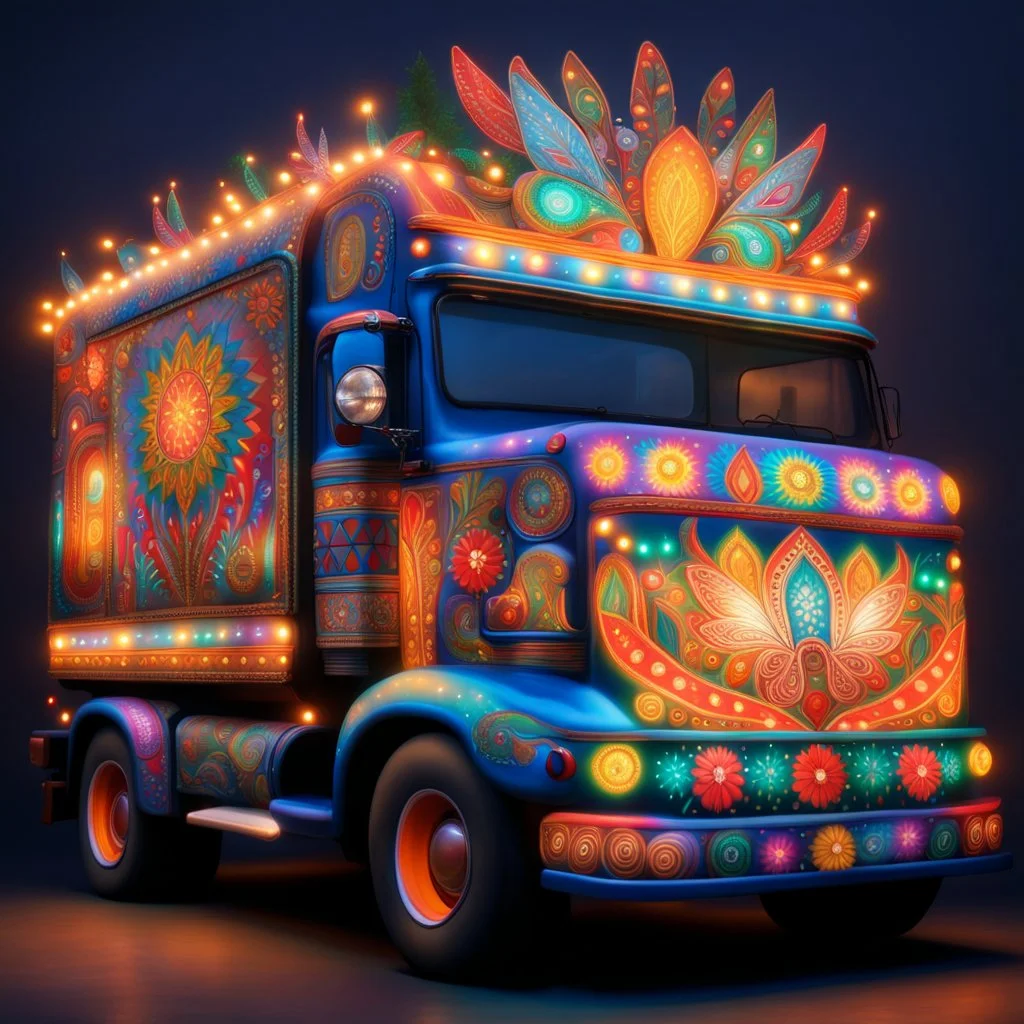 Hyper Realistic Traditionally Designed Cultural Multi Colored Truck Art With Fairy Lights.