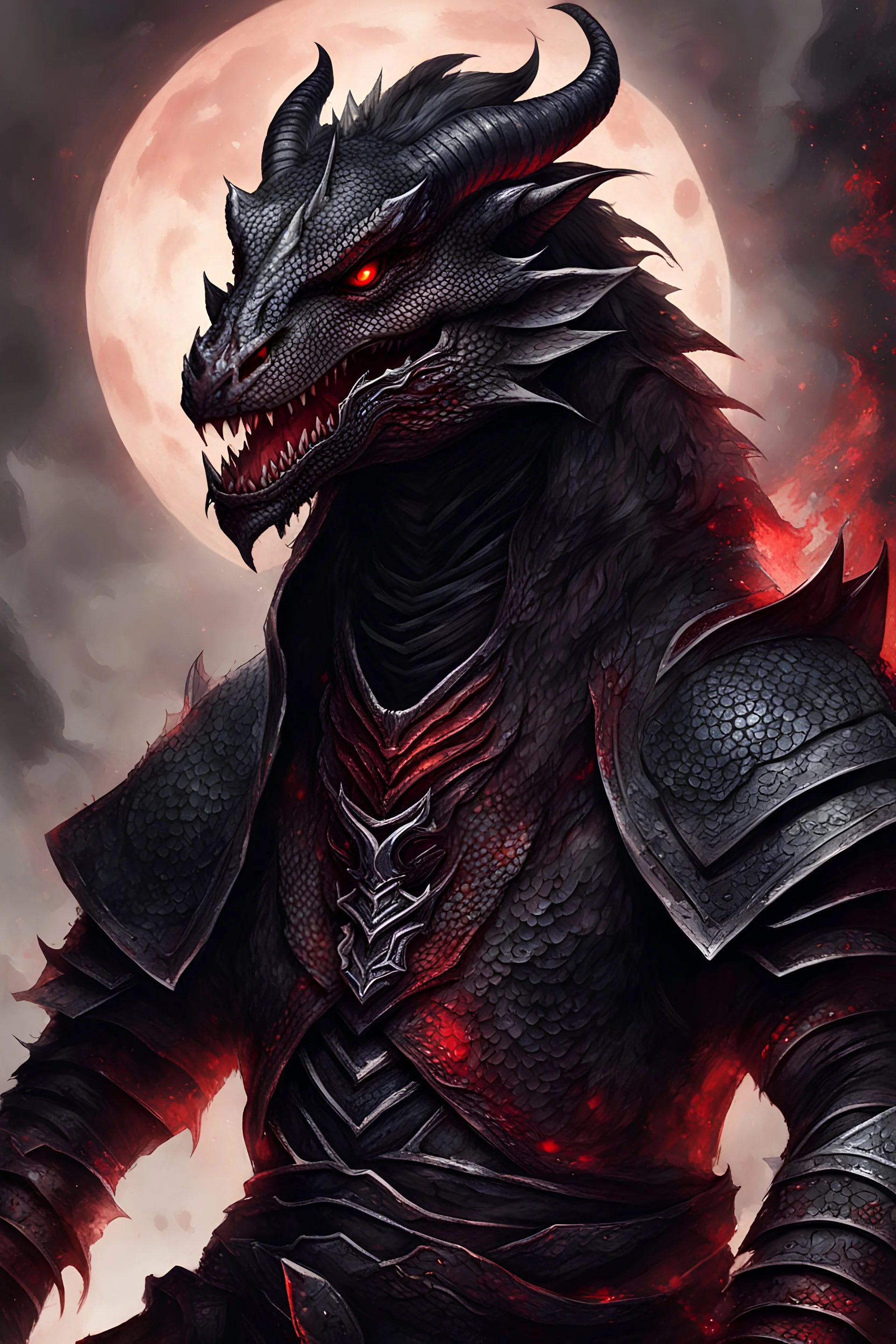 dragonborn sorcerer with red eyes and black scales
