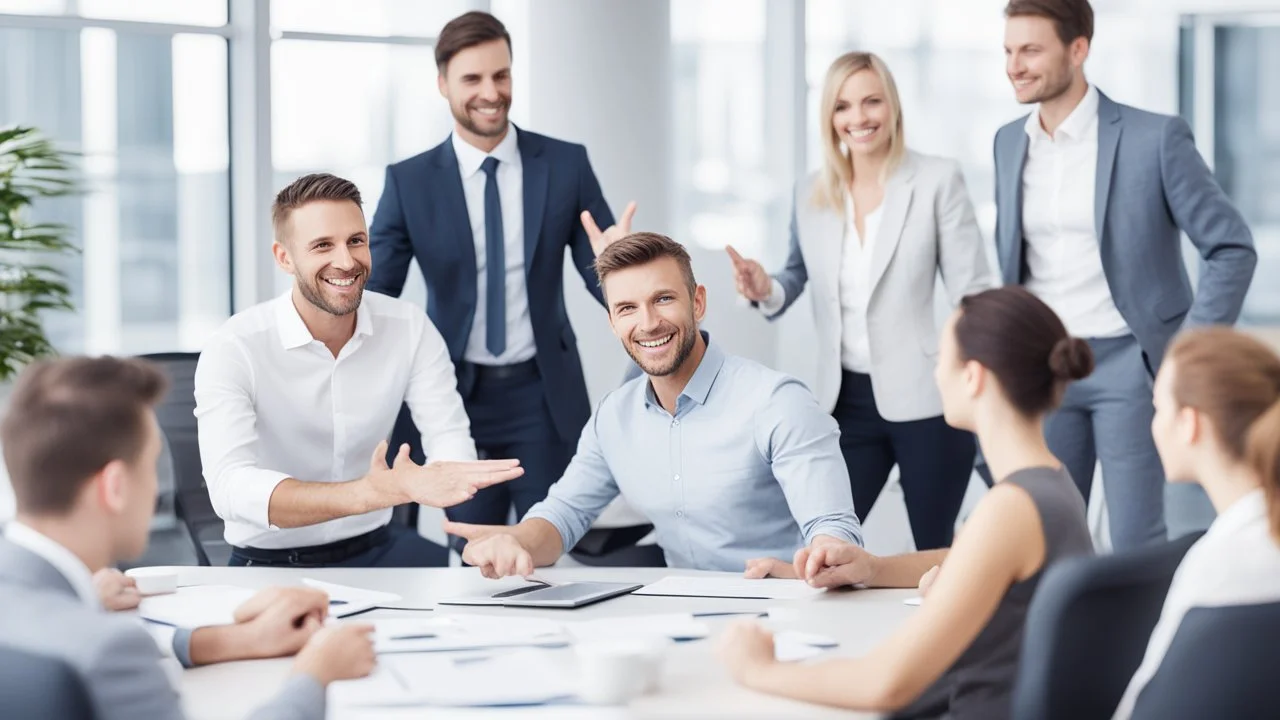 Certainly, here is a description of the ideal image for the article about "Successful Recruitment Strategies in the Business World" in English: The image depicts a group of happy and motivated employees in a professional work environment. In the center of the image, there is a manager or leader explaining successful recruitment principles to their team. The employees are shown actively engaging and participating in a discussion about the company's future. The image conveys a positive message ab