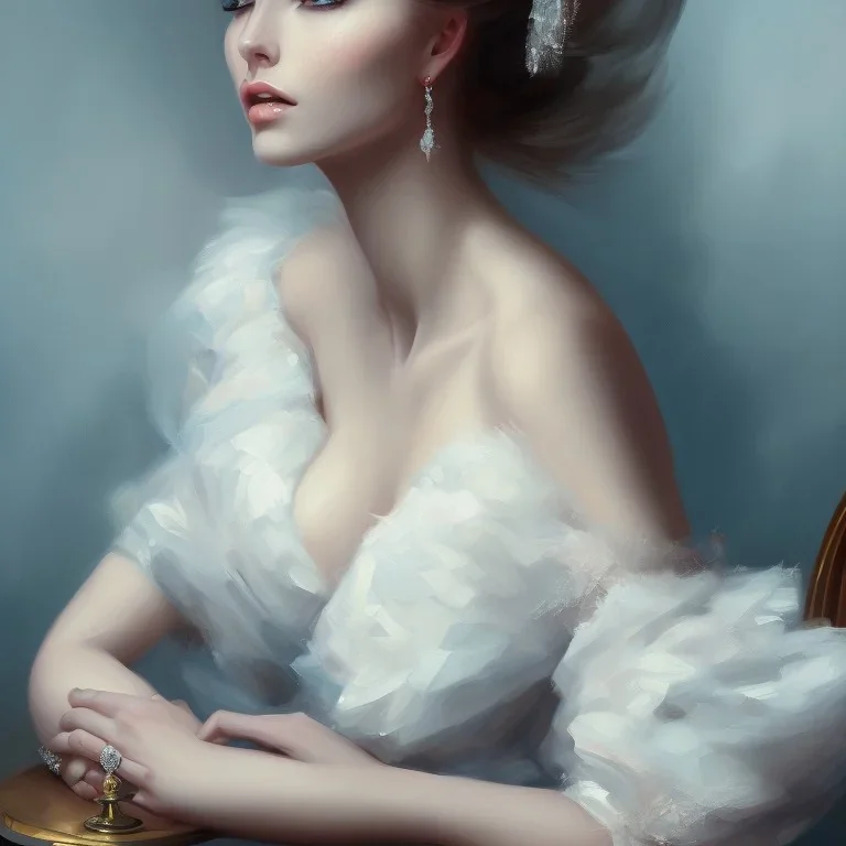 painting of an elegant lady sitting on a chair, smoking, beautiful woman perfect face, blue eyes, sharp focus, highly detailed